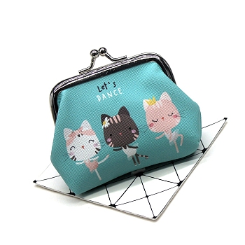 Cute Cat PU Leather Wallets, Coin Purses, Change Purse with Platinum Tone Alloy Findings for Women & Girls, Turquoise, 7.5x9cm