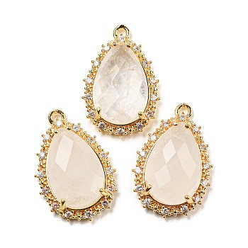 Natural Quartz Crystal Rock Crystal Faceted Pendants, Rack Plating Brass Pave Clear Cubic Zirconia Teardrop Charms, Golden, 23.5~24x15~15.5x6mm, Hole: 1.2mm