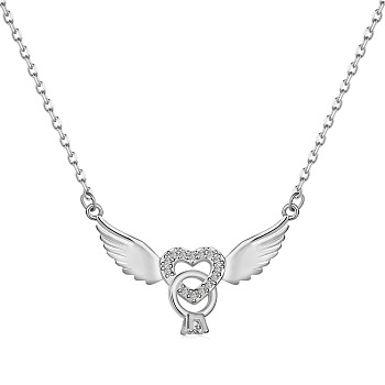 925 Sterling Silver Pendant Necklaces, Micro Pave Cubic Zirconia, Heart with Wing, Real Platinum Plated, 15.87 inch(40.3cm)