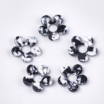 Cellulose Acetate(Resin) Pendants, Flower, Black, 23x24x5mm, Hole: 1.4mm