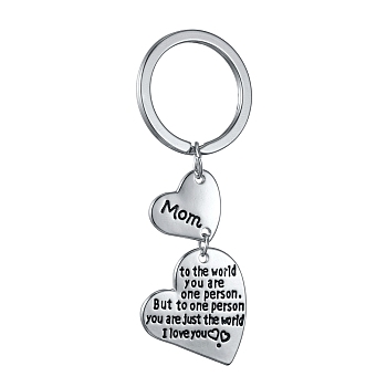Alloy Keychain, Cadmium Free & Lead Free, Heart with Word To the World You May Be One Person, But To One Person You May Be The World, Platinum, 75mm