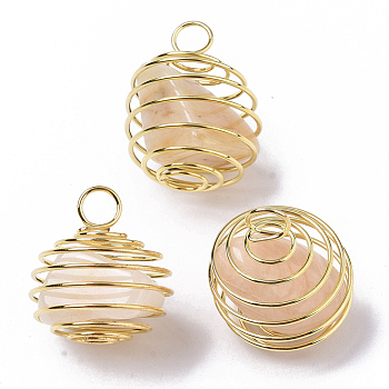 Iron Wrap-around Spiral Bead Cage Pendants, with Natural Yellow Aventurine Beads inside, Round, Golden, 21x24~26mm, Hole: 5mm