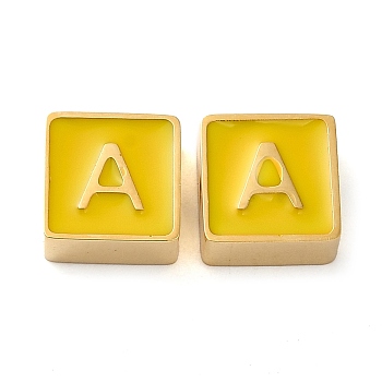304 Stainless Steel Enamel Beads, Real 14K Gold Plated, Square with Letter, Letter A, 8x8x4mm, Hole: 2mm