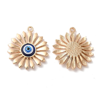 Alloy Pendants, Flower Charms with Resin Evil Eye, Cadmium Free & Nickel Free & Lead Free, Golden, Prussian Blue, 28.5x25x4mm, Hole: 2mm