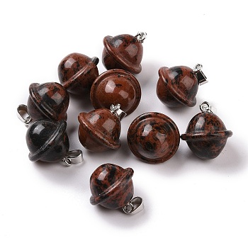 Natural Mahogany Obsidian Pendants, Planet Charms, with Platinum Plated Alloy Snap on Bails, 19.5~21.5x18~18.5mm, Hole: 5.5x3.3mm