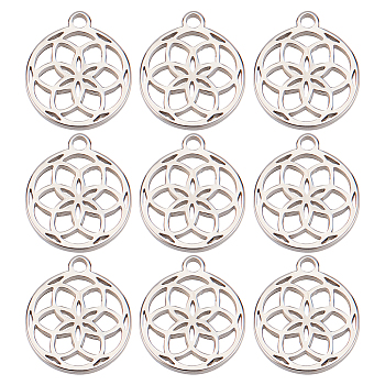30Pcs Titanium Steel Charms, Hollow, Flat Round with Flower Charm, Stainless Steel Color, 10.5x9x1mm, Hole: 1mm