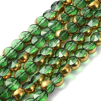 Half Plated Electroplate Transparent Glass Beads Strands, Antique Bronze Plated, Flat Round, Faceted, Green, 6x5mm, Hole: 1.2mm, about 50pcs/strand, 11.22''(28.5cm)