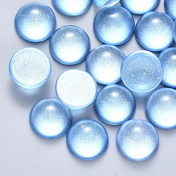 Transparent Spray Painted Glass Cabochons, with Glitter Powder, Half Round/Dome, Deep Sky Blue, 18x9mm.