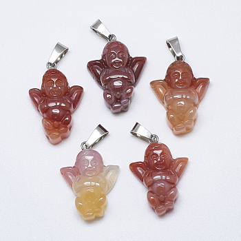 Natural Carnelian/Red Agate Pendants, with Stainless Steel Snap On Bails, Angel, Platinum, 26~28x18~20x8~9mm, Hole: 7.5x4mm