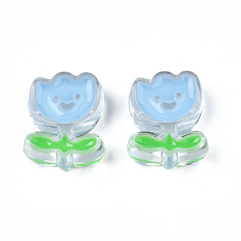 Transparent Acrylic Beads, with Enamel, Flower with Smiling Face, Light Sky Blue, 25x20x9mm, Hole: 3mm