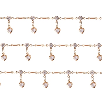 Clear Cubic Zirconia Heart Charm Tassel Chains, Copper Bar Link Chains, Unwelded, Golden, 500mm