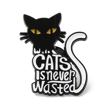 Cat with Word Enamel Pins, Electrophoresis Black Alloy Badge for Backpack Clothes, White, 29x23x1.5mm