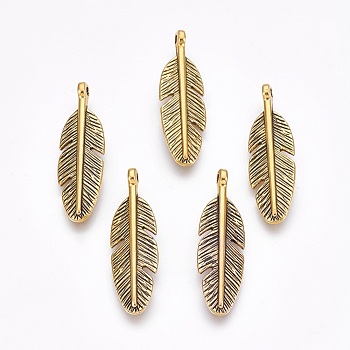 Tibetan Silver Pendants, Lead Free & Cadmium Free, Feather, Antique Golden, about 30mm long, 9mm wide, 2mm thick, Hole: 2mm
