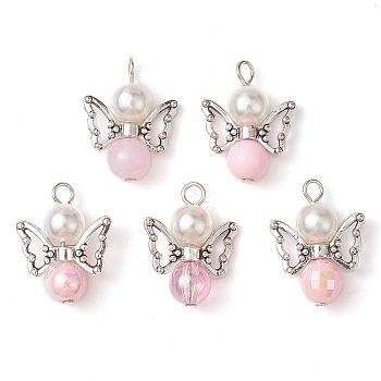 Imitation Pearl Acrylic Pendants, with Alloy Wings and Glass Beads, Angel, PeachPuff, 23x18x3mm, Hole: 3mm