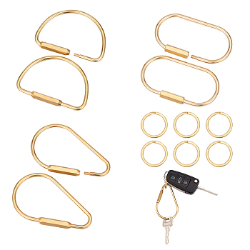 12Pcs 4 Styles Brass Keychain Clasps, Oval/D-Shaped/Teardrop, Golden, 25~77x25~45.5x2.5~3.5mm