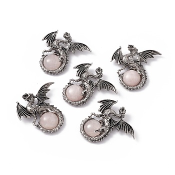 Natural Rose Quartz Dome Pendants, Gragon Charms, with Rack Plating Antique Silver Tone Alloy Findings, Cadmium Free & Lead Free, 44x46x9mm, Hole: 5.5x4mm