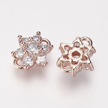 Brass Micro Pave Grade AAA Cubic Zirconia Links Connectors, Flower, Cadmium Free & Nickel Free & Lead Free, Real Rose Gold Plated, 10x10x5mm, Hole: 2mm