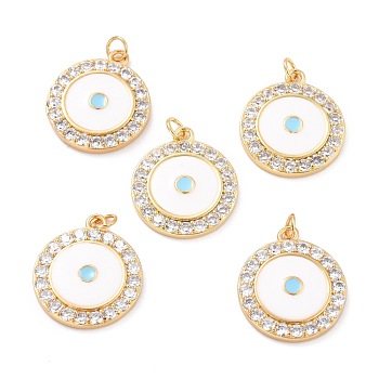 Brass Micro Pave Cubic Zirconia Pendants, with Jump Ring and Enamel, Long-Lasting Plated, Flat Round, Blue, Real 18K Gold Plated, 23x20x3mm, Jump Ring: 5x1mm, 3mm Inner Diameter