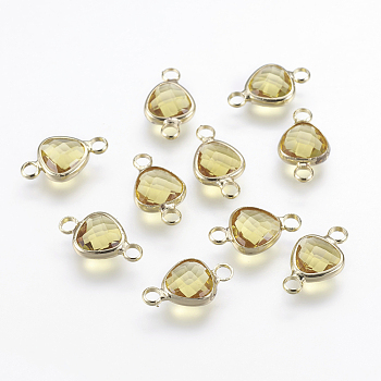 Glass Links connectors, with Light Gold Tone Brass Findings, Faceted, Triangle, Champagne Yellow, 15~16x9x4mm, Hole: 2mm