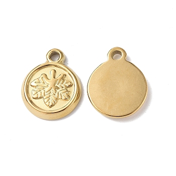 Ion Plating(IP) 304 Stainless Steel Charms, Flat Round with Leaf Charm, Real 18K Gold Plated, 13.5x11x2mm, Hole: 1.5mm