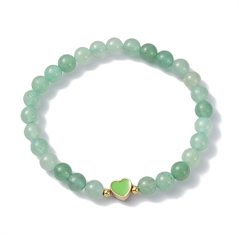 Natural Green Aventurine Round Beaded Stretch Bracelets, Alloy Enamel Heart Bracelet for Women, Inner Diameter: 2-1/8 inch(5.4cm)