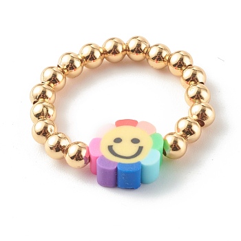 Brass Beaded Stretch Rings, with Handmade Polymer Clay Beads and Elastic Crystal Thread, Flower with Smile, Real 18K Gold Plated, Inner Diameter: 20mm