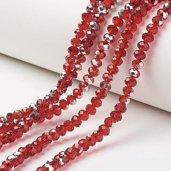 Electroplate Transparent Glass Beads Strands, Half Silver Plated, Faceted, Rondelle, Red, 3x2mm, Hole: 0.8mm, about 150~155pcs/strand, 15~16 inch(38~40cm)