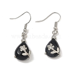 Natural Black Stone Dangle Earrings, with Brass Earring Findings, Teardrop, Platinum, 38x12mm(EJEW-XCP0001-26)