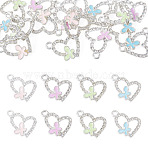 16Pcs 4 Colors Alloy Rhinestone Pendants, Enamel Style, Heart with Butterfly Charms, Silver, Mixed Color, 17x13x3mm, Hole: 1.6mm, 4pcs/color(RB-TA0001-39)