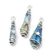 Electroplated Natural Quartz Crystal Dyed Copper Wire Wrapped Pendants, Teardrop Charms with Brass Star, Silver Color Plated, Blue, 27~37x7~13x6.5~10.5mm, Hole: 3.5mm(PALLOY-JF02327-05)