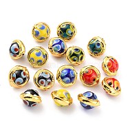 Handmade Lampwork Beads, with Golden Color Edge Brass, Round, Mixed Color, 16.5~17x15.5~16x12~13.5mm, Hole: 1mm(LAMP-B002-01G)