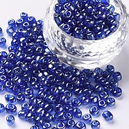 Glass Seed Beads, Trans. Colours Lustered, Round, Blue, 4mm, Hole: 1.5mm, about 1000pcs/100g(X1-SEED-A006-4mm-108)