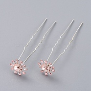 (Defective Closeout Sale), Lady's Hair Accessories, Silver Color Plated Iron Hair Forks, with Rhinestone, Flower, Light Rose, 70.5mm(PHAR-XCP0004-07B)