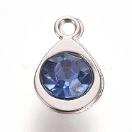 Faceted Glass Charms, with Platinum Plated Alloy Findings, Teardrop, March Birthstone Charms, Sapphire, 11.3x7.2x4.2mm, Hole: 1.2mm(RGLA-TAC0001-01A)