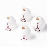 Painted Natural Wood Beads, Round with Father Christmas Pattern, Red, 16x15mm, Hole: 4mm(WOOD-N006-189)