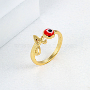 Golden Brass Letter A Open Cuff Rings, Evil Eye Ring, Red, Inner Diameter: 16~18mm(NE2200-2)