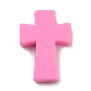 Cross Silicone Focal Beads, Chewing Beads For Teethers, DIY Nursing Necklaces Making, Hot Pink, 35x25x8mm, Hole: 2mm(SIL-G006-03C)
