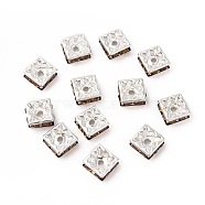 Brass Rhinestone Spacer Beads, Square, Nickel Free, Orange, Silver Plated, 8x8x4mm, Hole: 1mm(RSB074NF-06S)