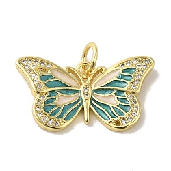Brass Enamel Micro Pave Cubic Zirconia Pendants, Real 18K Gold Plated Butterfly Charms, with Jump Ring, Teal, 14x25x3mm, Hole: 4.2mm(KK-Z042-05G-03)