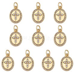 10Pcs Rack Plating Brass Micro Pave Clear Cubic Zirconia Charms, with Jump Rings, Long-Lasting Plated, Cadmium Free & Lead Free, Oval with Cross, Real 18K Gold Plated, 14.5x10x4mm, Hole: 3.2mm(ZIRC-SZ0004-13)