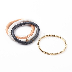 Stretch Beaded Bracelets Sets, with Handmade Polymer Clay Heishi Beads and Brass Round Beads, Golden, Mixed Color, Inner Diameter: 2-1/8 inch(5.3cm), 2-1/8 inch(5.4cm), 4pcs/set(BJEW-JB06177-01)