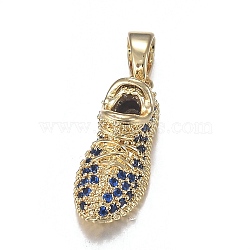 Brass Micro Blue Cubic Zirconia Pendants, Long-Lasting Plated, Shoes, Real 18K Gold Plated, 23x9x10.5mm, Hole: 3.5x5mm(ZIRC-F120-063G)