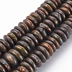 Natural Keshi Pearl Beads Strands, Cultured Freshwater Pearl, Dyed, Flat Round/Disc, Heishi Beads, Saddle Brown, 11~17x3~9mm, Hole: 0.5mm, about 68~90pcs/strand, 15.35 inch(39cm)(PEAR-S021-088F-03)