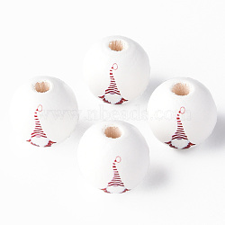 Painted Natural Wood Beads, Round with Father Christmas Pattern, Red, 16x15mm, Hole: 4mm(WOOD-N006-189)