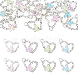 16Pcs 4 Colors Alloy Rhinestone Pendants, Enamel Style, Heart with Butterfly Charms, Silver, Mixed Color, 17x13x3mm, Hole: 1.6mm, 4pcs/color(RB-TA0001-39)