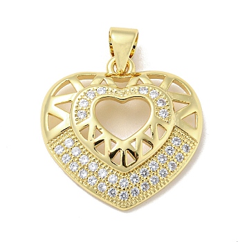 Rack Plating Brass Micro Pave Cubic Zirconia Pendants, Long-Lasting Plated, Lead Free & Cadmium Free, Heart Charms, Real 18K Gold Plated, 19x20x4mm, Hole: 5x3mm
