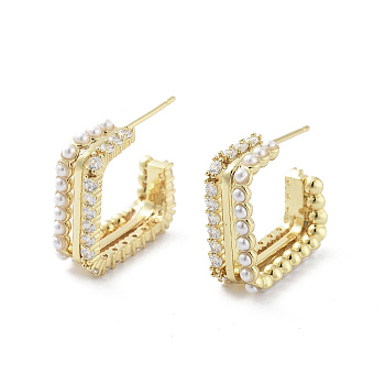 Square Brass Stud Earrings, Half Hoop Earrings with Cubic Zirconia and Plastic Pearl, Long-Lasting Plated, Lead Free & Cadmium Free, Real 18K Gold Plated, 20.5x7.5mm