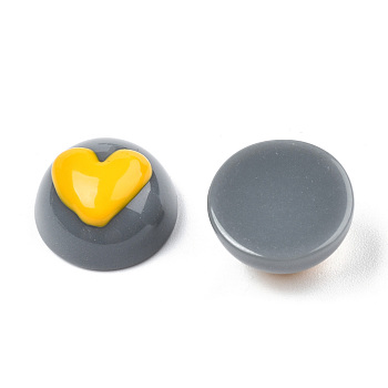 Opaque Resin Enamel Cabochons, Half Round with Gold Heart, Gray, 15x8.5mm