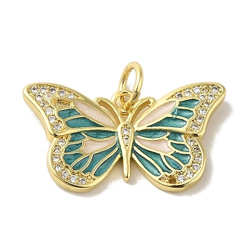 Brass Enamel Micro Pave Cubic Zirconia Pendants, Real 18K Gold Plated Butterfly Charms, with Jump Ring, Teal, 14x25x3mm, Hole: 4.2mm