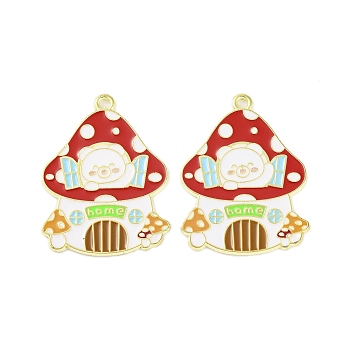 Golden Plated Alloy Enamel Pendants, Cadmium Free & Lead Free, Mushroom with Girl Charm, FireBrick, 32.5x24x1mm, Hole: 1.6mm